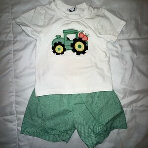 Kids Tractor Print Matching Set - Green and White